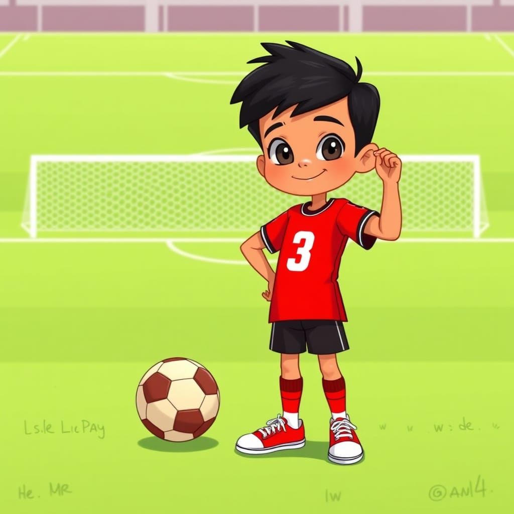 Cartoon Boy with Soccer Ball on Football Field