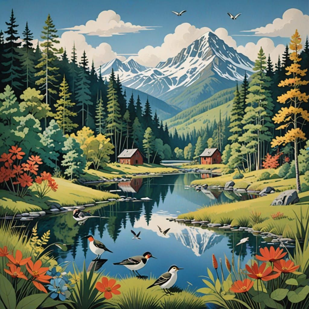 Dreamy American Wilderness Landscape in Gouache Style