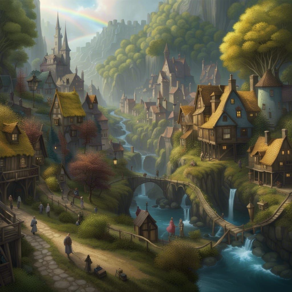 Steampunk Rainbow Glitter Village in Cinematic Style
