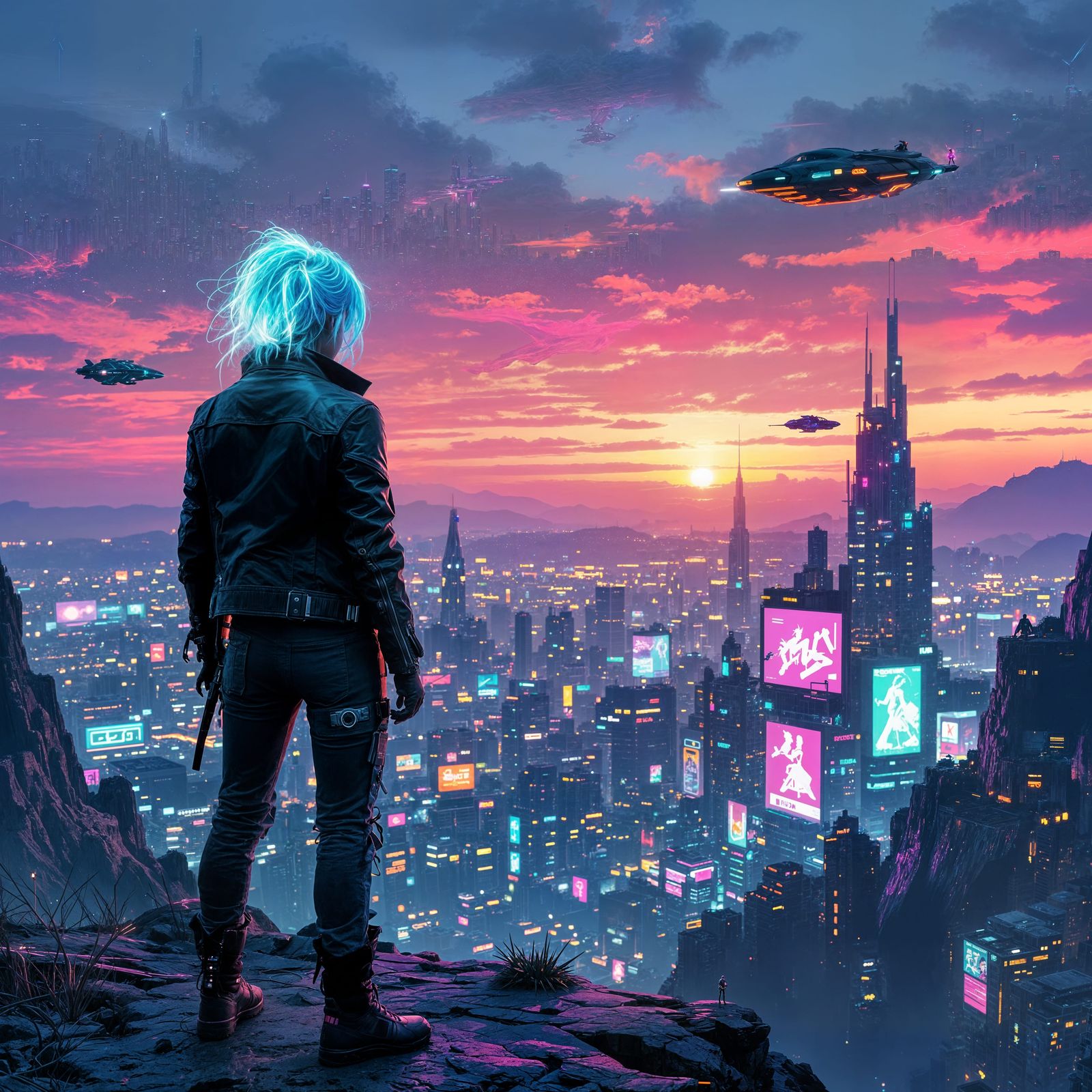 Cyberpunk Metropolis at Sunset in Synthwave Style