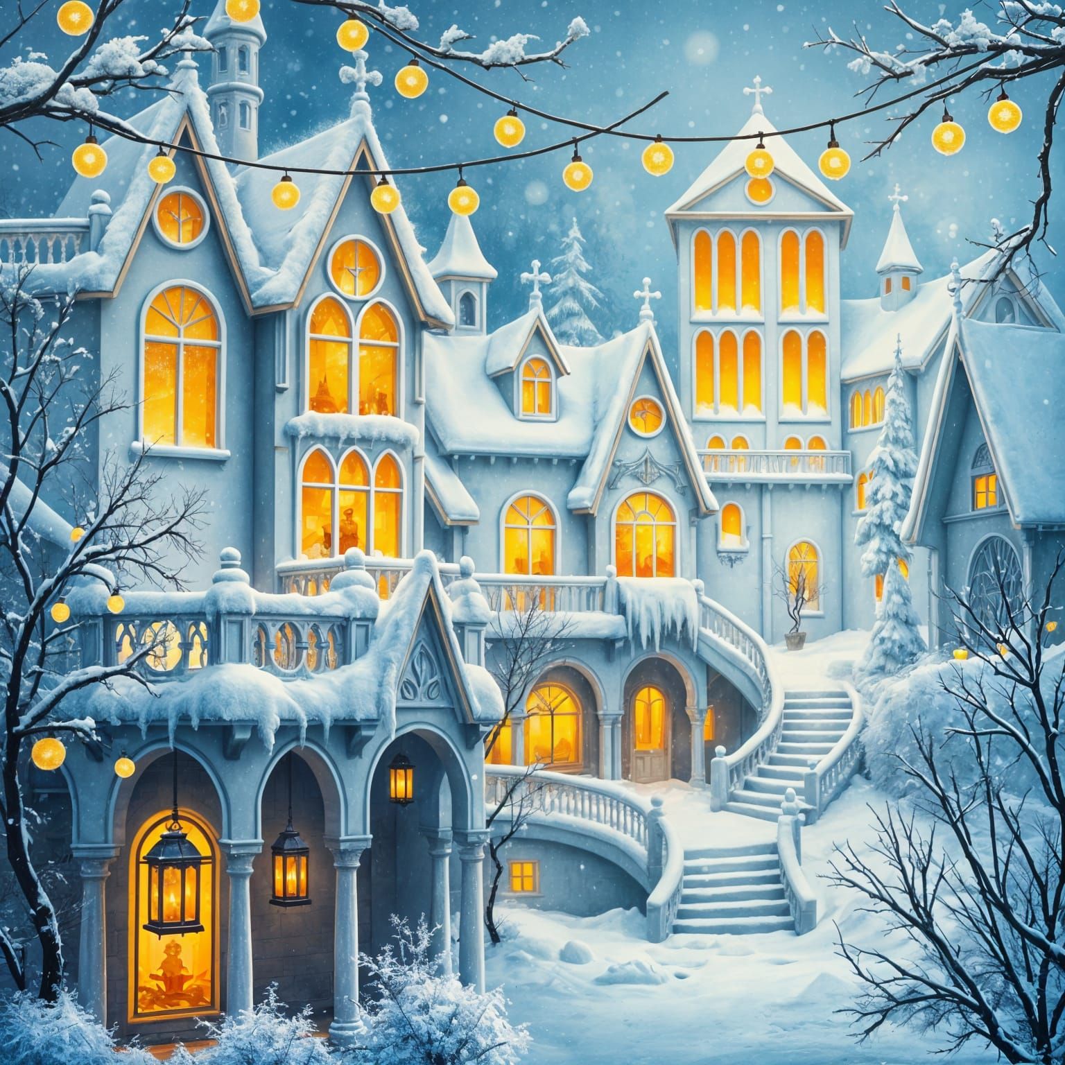 Ethereal Winter Cityscape in Abstract Cubism