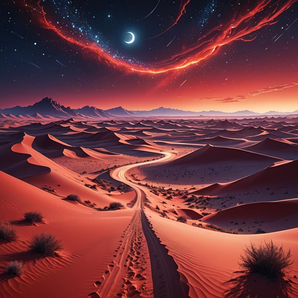 Desert Road Dreamscape Under Starry Sky