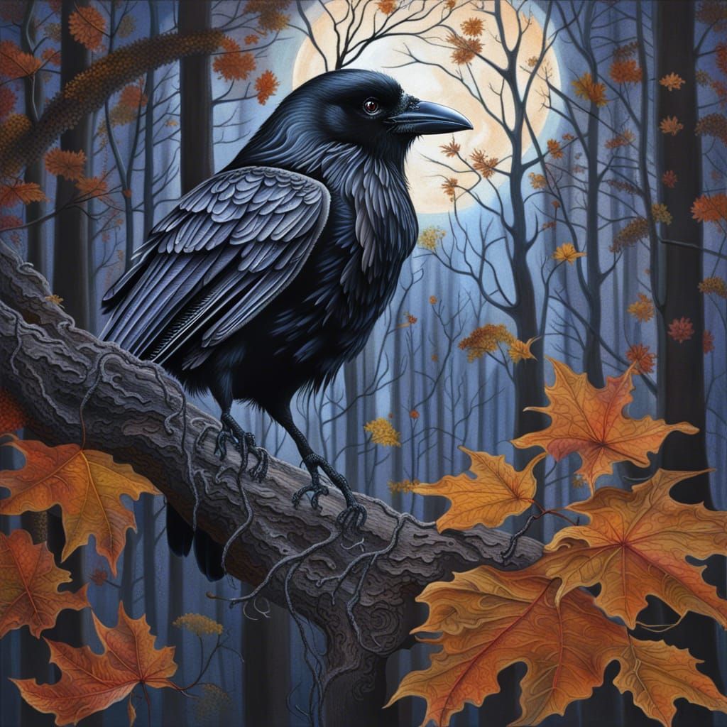 Mystical Raven in Autumn Woods Under Moonlight