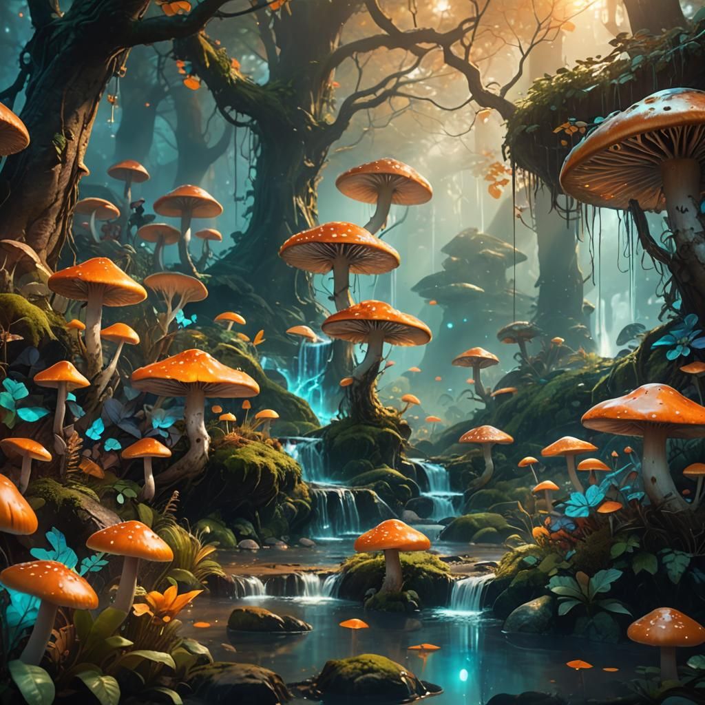 Magical Forest with Glowing Mushrooms in Fantasy Style