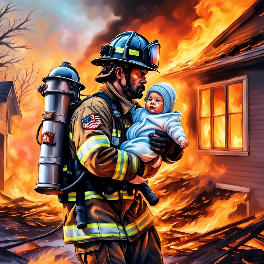 Firefighter Rescues Baby: Hyperrealistic Splash Art