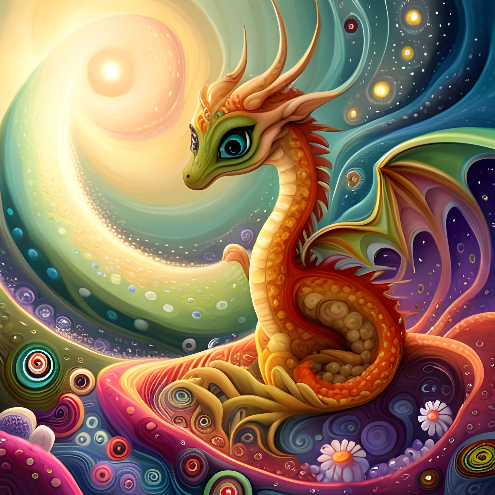 Rainbow Baby Dragon in Flower Forest Pool, Oil Painting