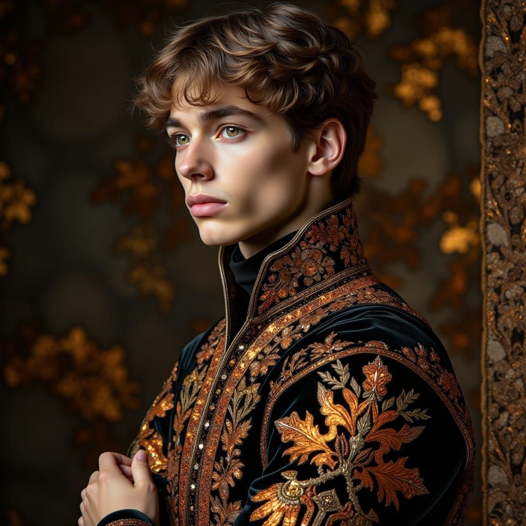 Young Man in Intricate Velvet and Brocade Fantasy Garb