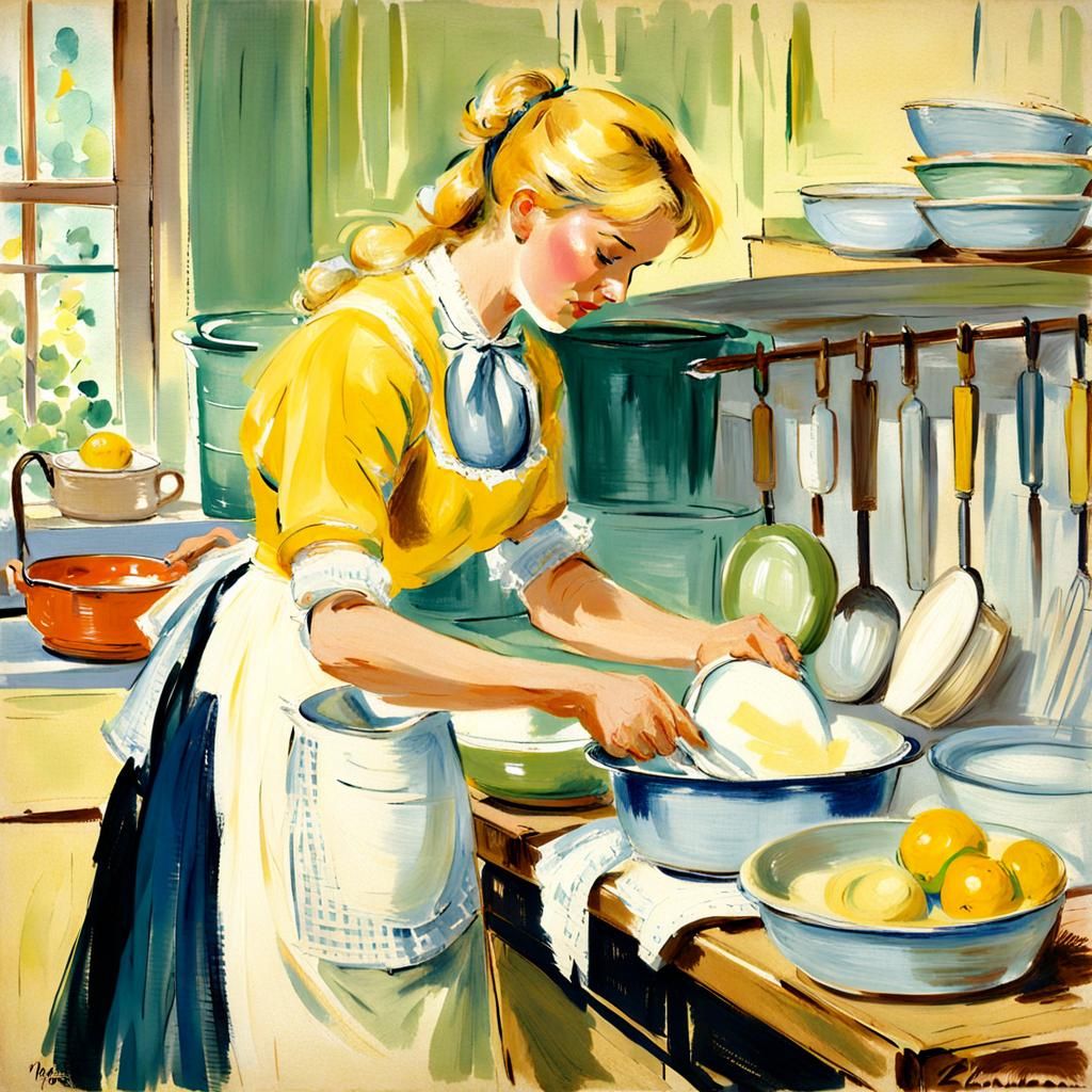 1950s Housewife in Kitchen, Impressionistic Pastel Art