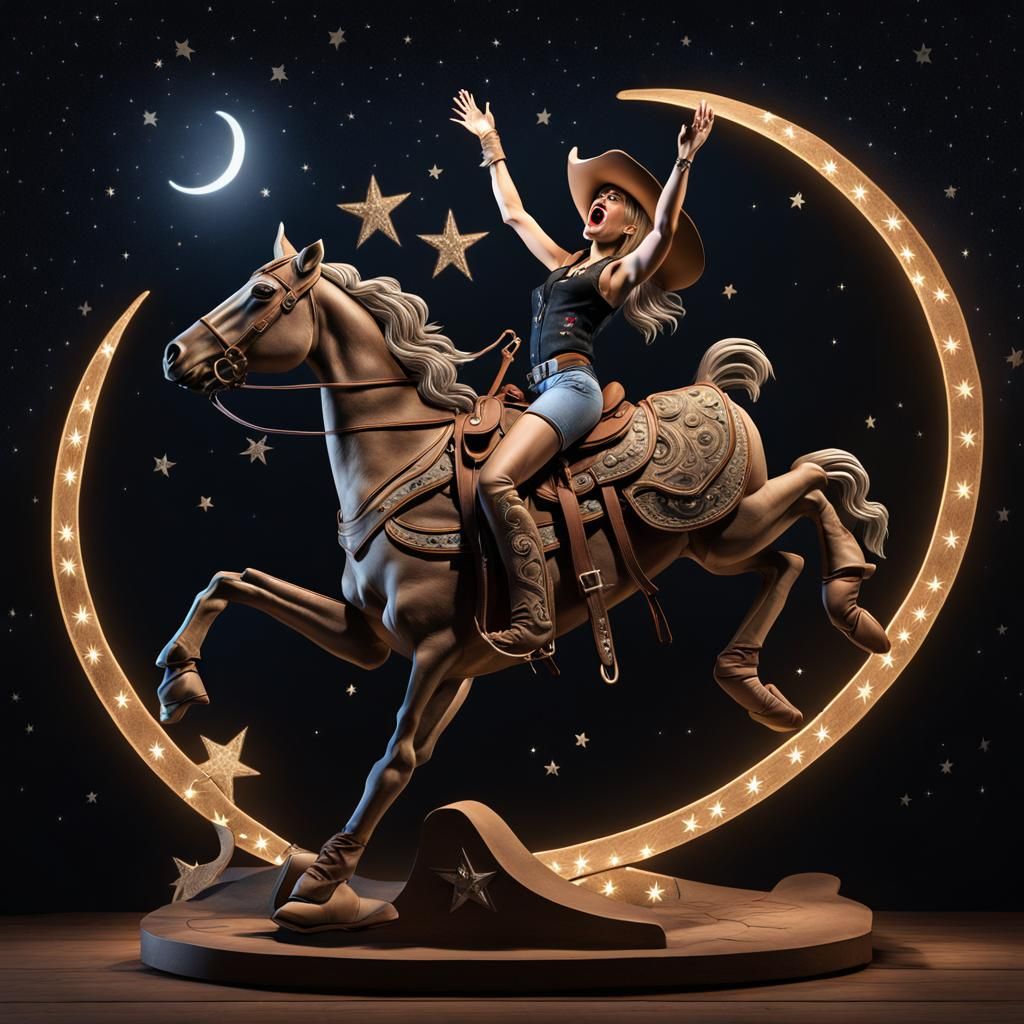 Screaming Cowgirl Rides Crescent Moon in 3D Cartoon