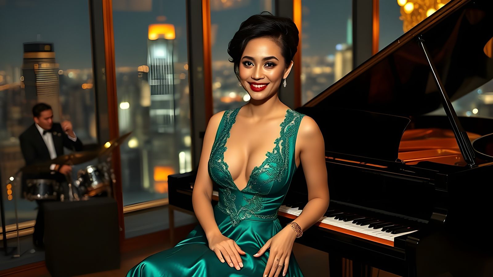 Glamorous Socialite in Emerald Gown, Hollywood Style