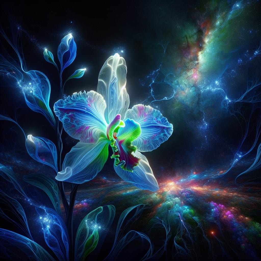 Bioluminescent Orchid in Cosmic Scene