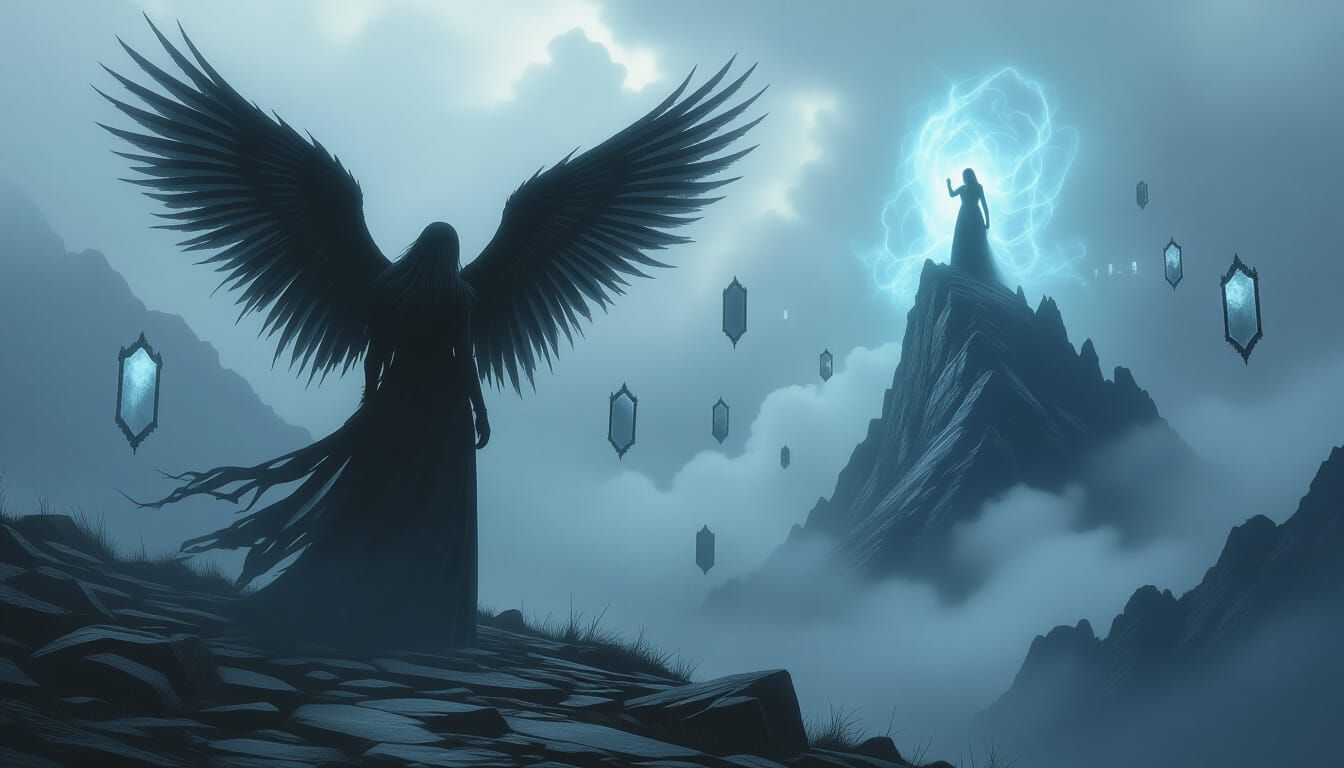 Dark Fantasy Figure Soaring Above Misty Landscape