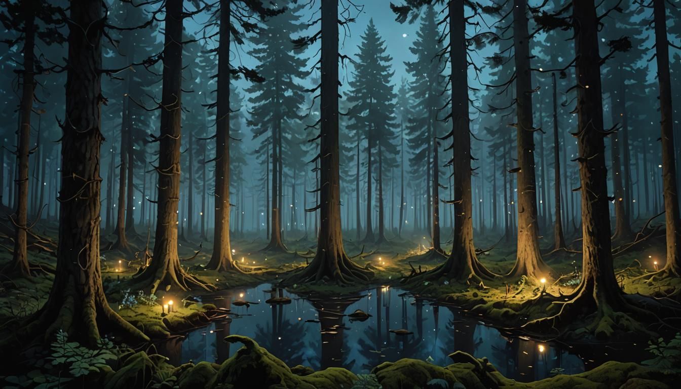 Mystical Fairy Lights in Ancient Spruce Forest