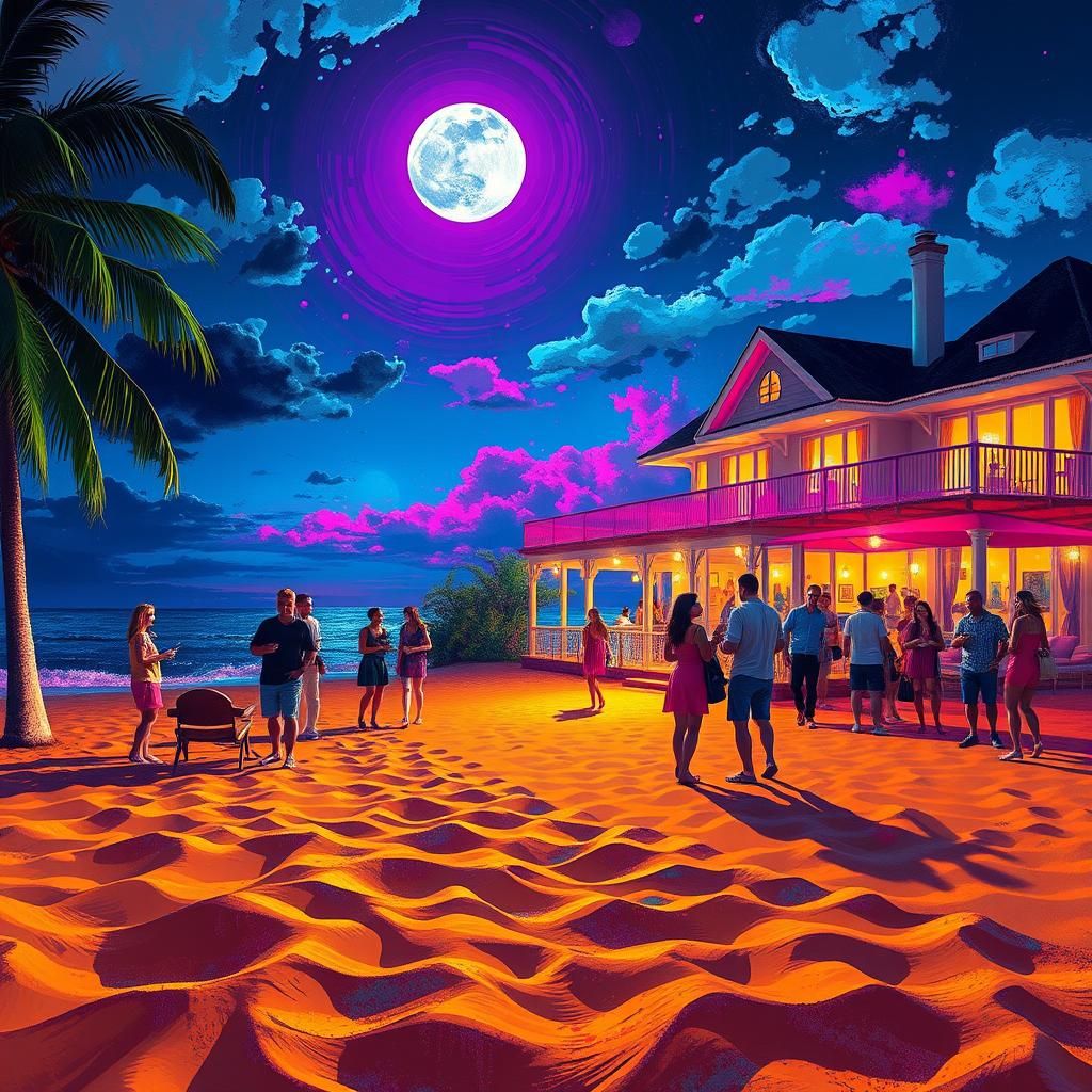 Moonlit Seaside Mansion Scene in Digital Art Style