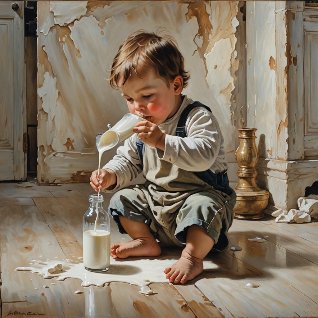 Child's Milk Emerges from Oil Painting