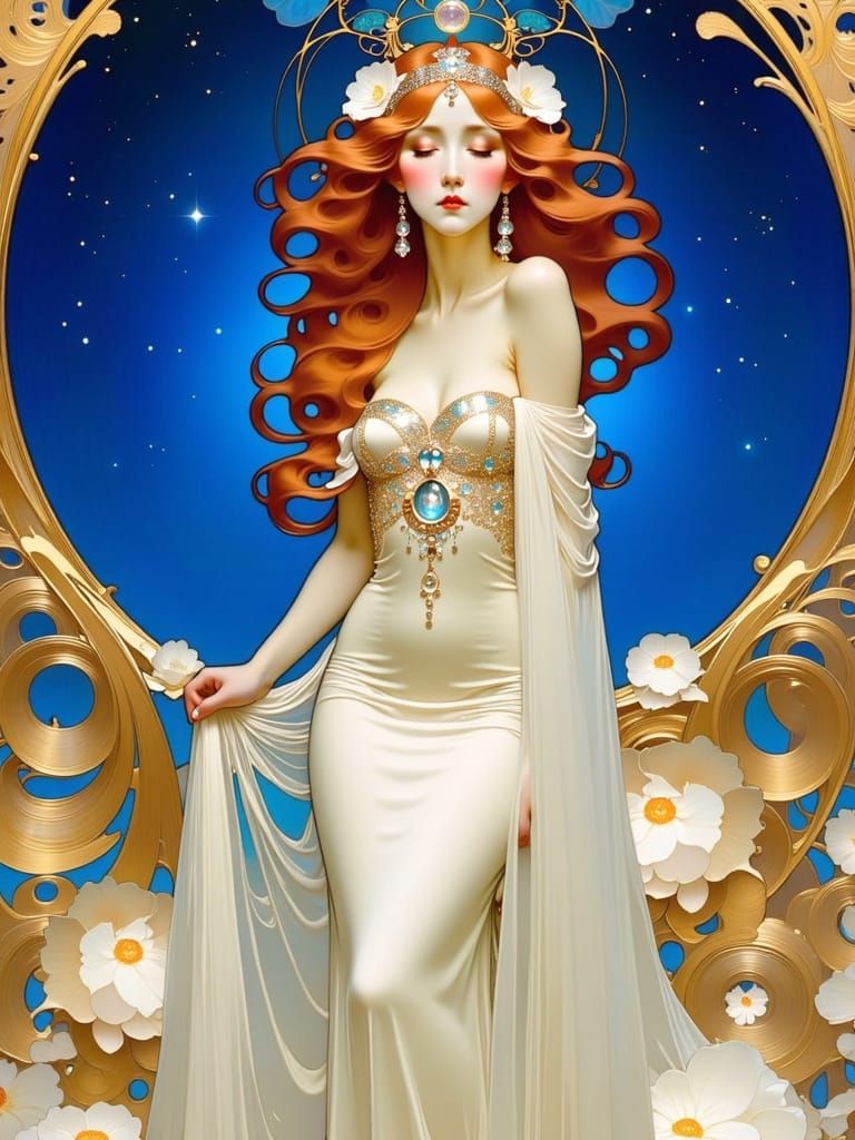Ethereal Art Nouveau Bride in Electric Blue Night Sky