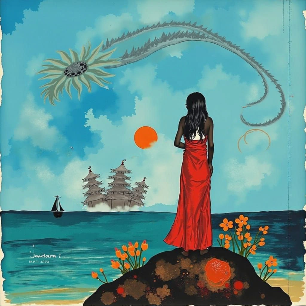 Majestic Azure Sky with Woman and Dragon