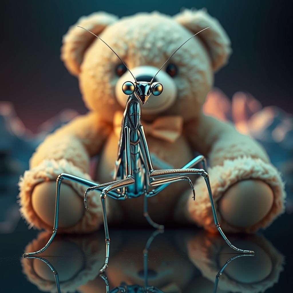 Chrome Praying Mantis in Futuristic Landscape