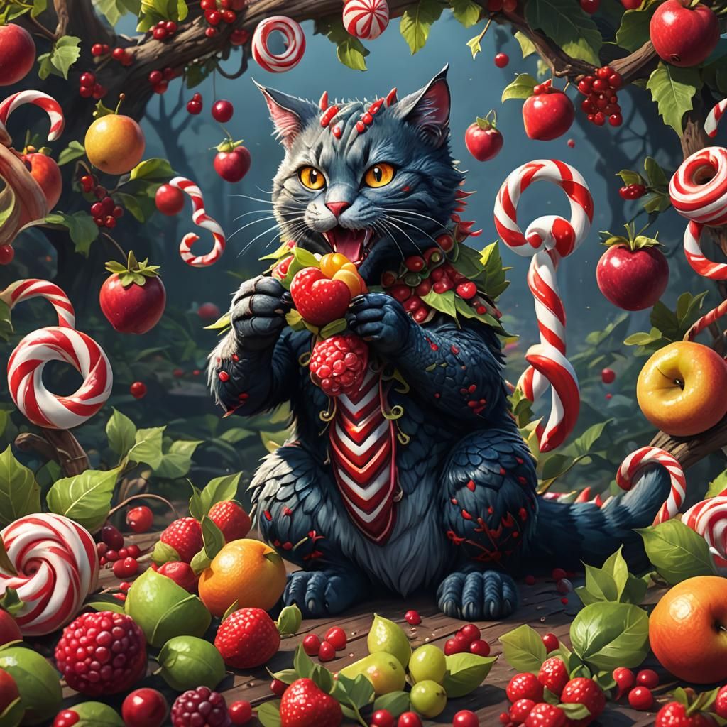 Candy Cane Cat Dragon Eating Fruit