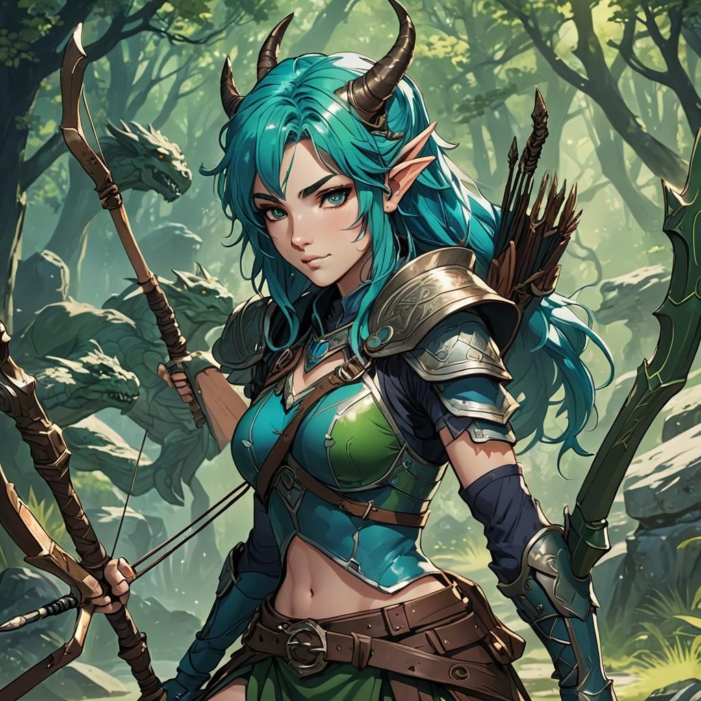 Prismatic Dragonborn Archer in Anime Style