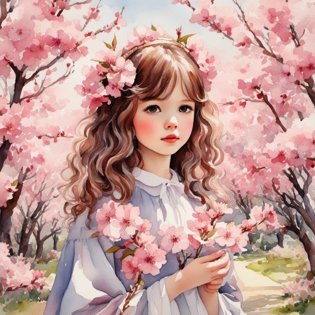 Kawaii Girl in Cherry Blossom Garden in Cartoon Watercolor