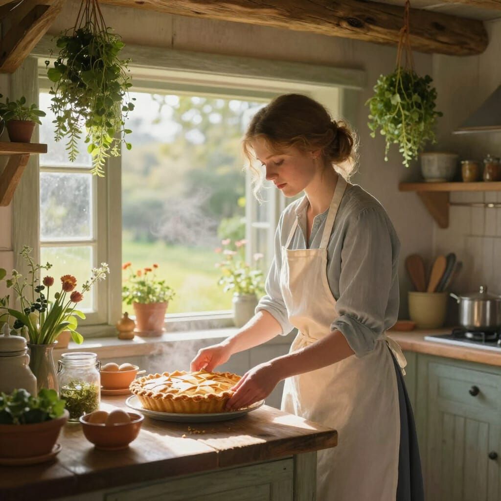Cozy Kitchen Scene: Woman Baking Pie with Ethereal Light
