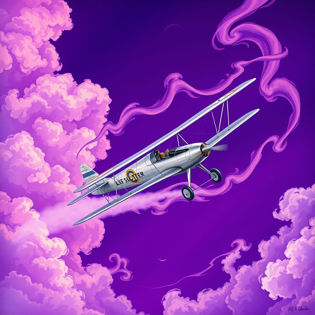Sleek Silver Biplane Soars Through Vibrant Iridescent Sky