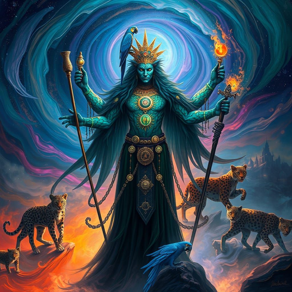 Leopard Shaman in Surreal Dreamscape with Vibrant Colors