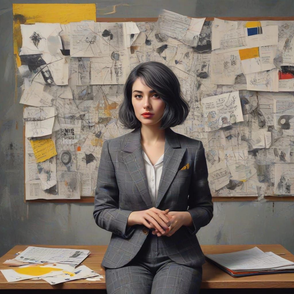 Surrealist Woman in Plaid Blazer Amidst Whimsical School