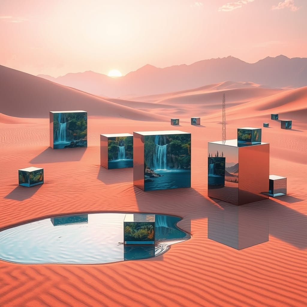 Surreal Desert Oasis with Shimmering Mirages