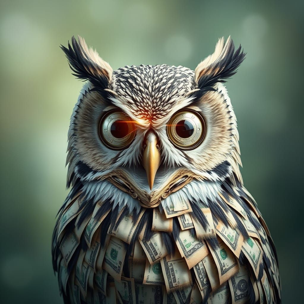 Wise Owl Portrait Made of Dollar Bills, Photorealistic Style