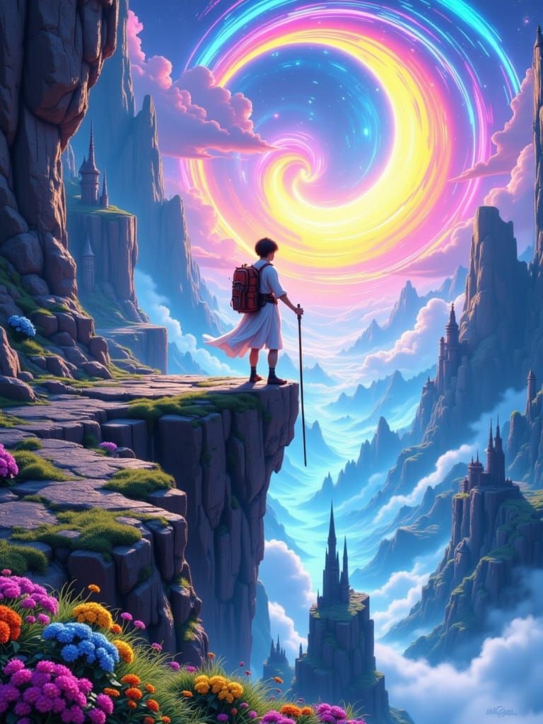 Adventurer's Leap of Faith in Dreamlike Cyberpunk Style