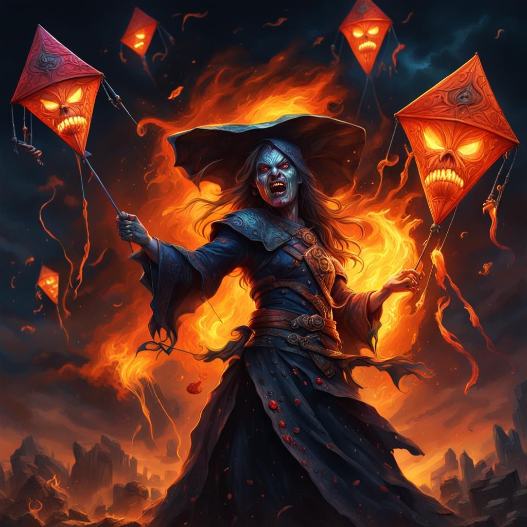 Orcs Launch Burning Witch Kites: Hyperrealistic Splash Art