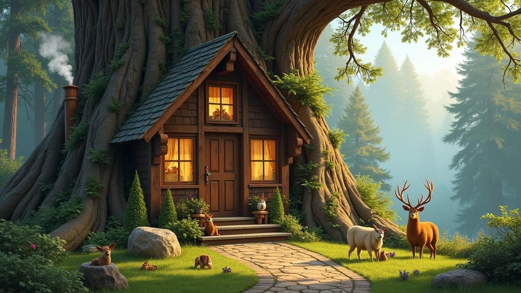 Enchanted Redwood Cabin with Wildlife, Detailed Illustration