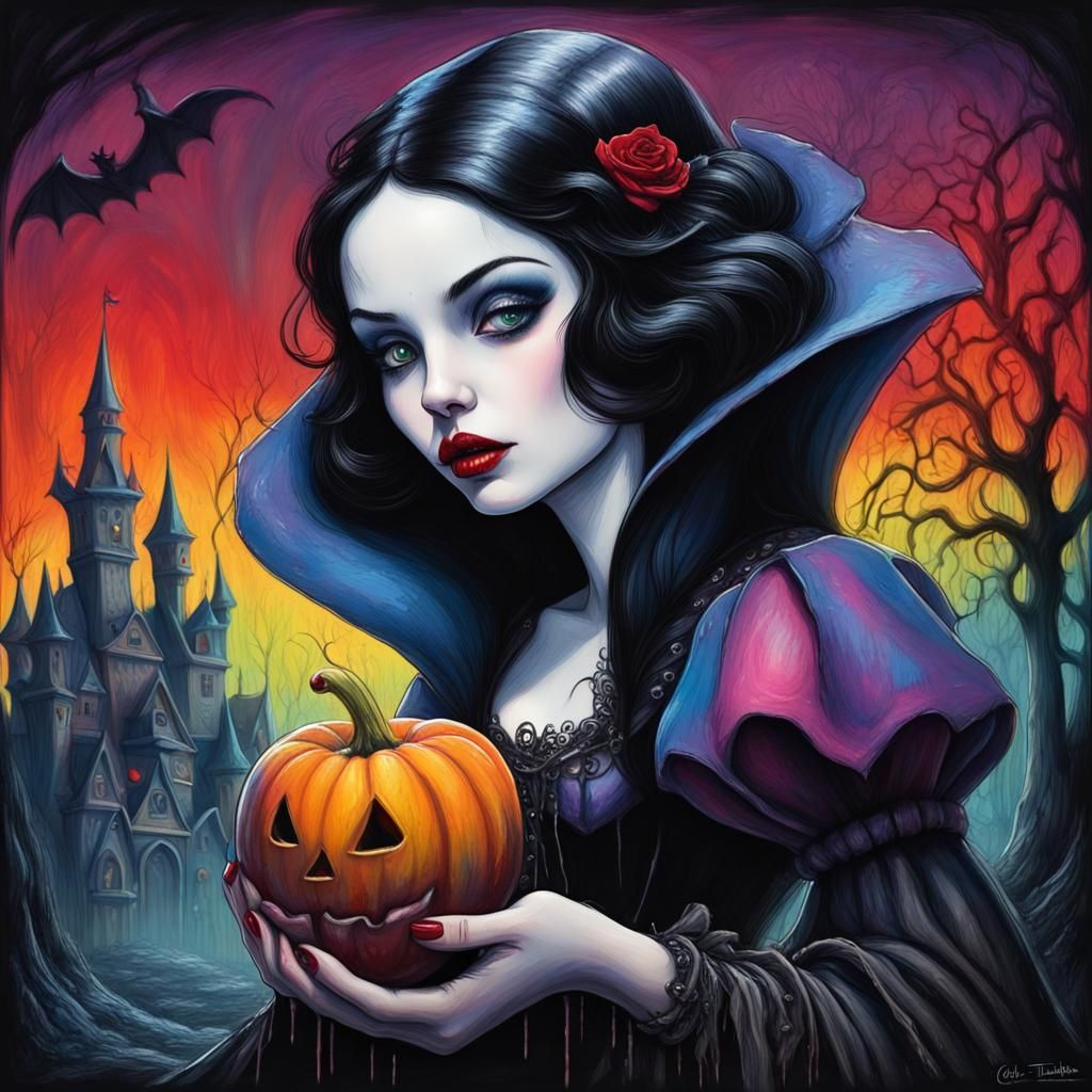 Gothic Snow White in Halloween Town: Eerie Storybook Illustr...