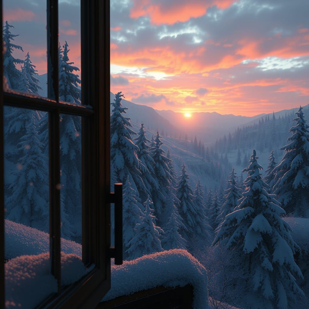 Winter Sunset Scene in Deep, Fantastical Colors