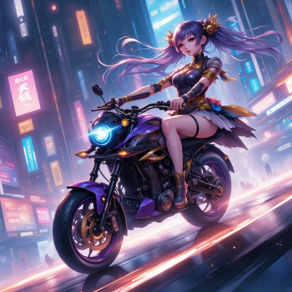 Anime Queen Rider on Glowing Track in 3D Art Style