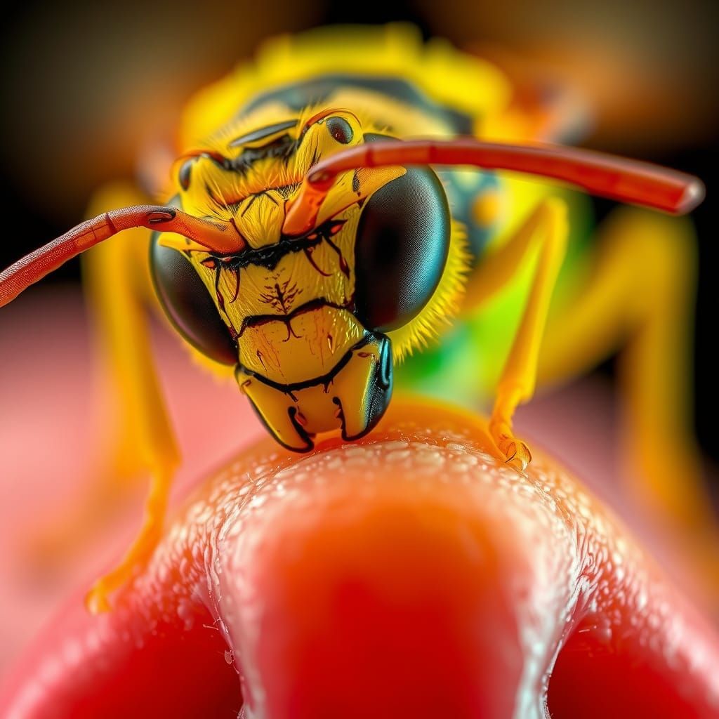Intricate, hyper-detailed of a WASP head sitting on human nose and nibbling on nose, fluorescent colored, bioluminesce...