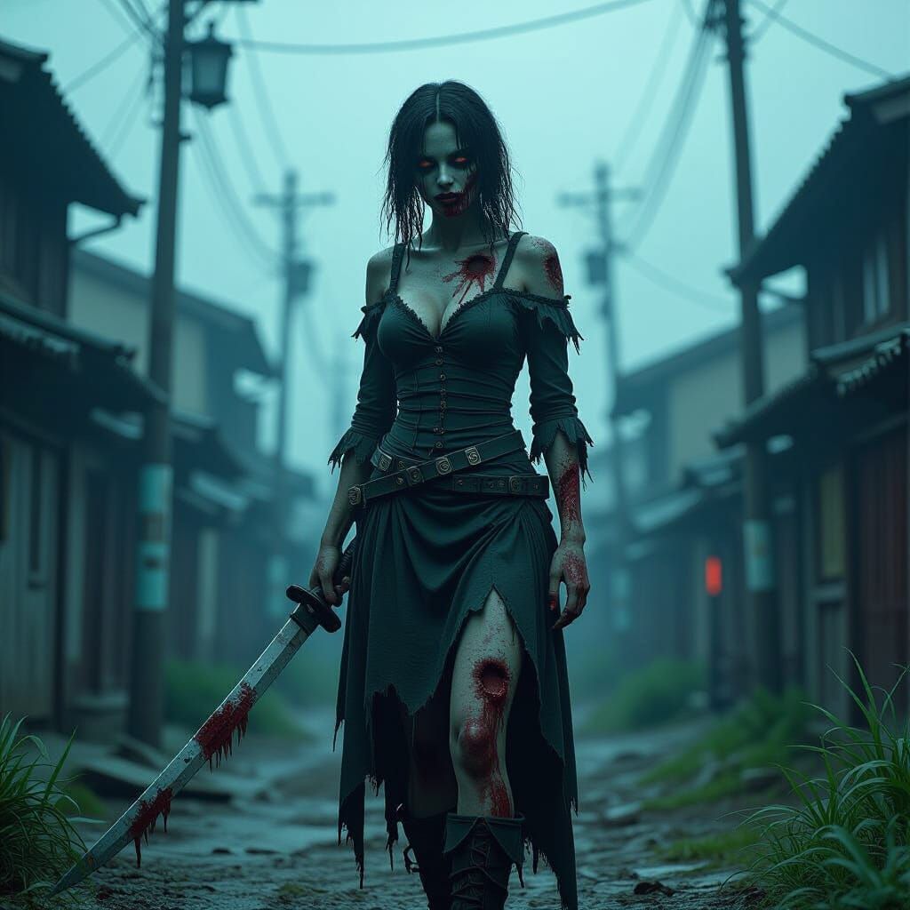 Zombie Woman in Ominous Setting: 3D Anime Art