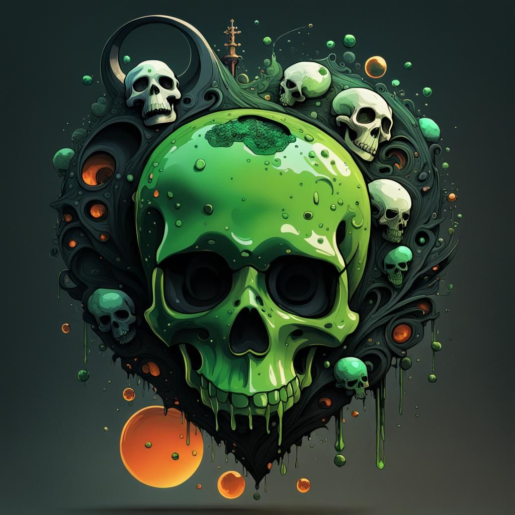 Heart Skull with Green Slime, Surrealist Artwork