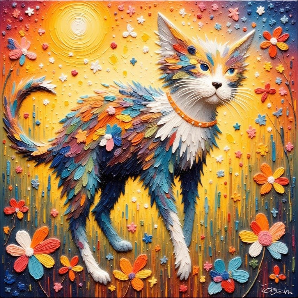 Calico Cat Stretching in Sunbeam, Modern Illustration