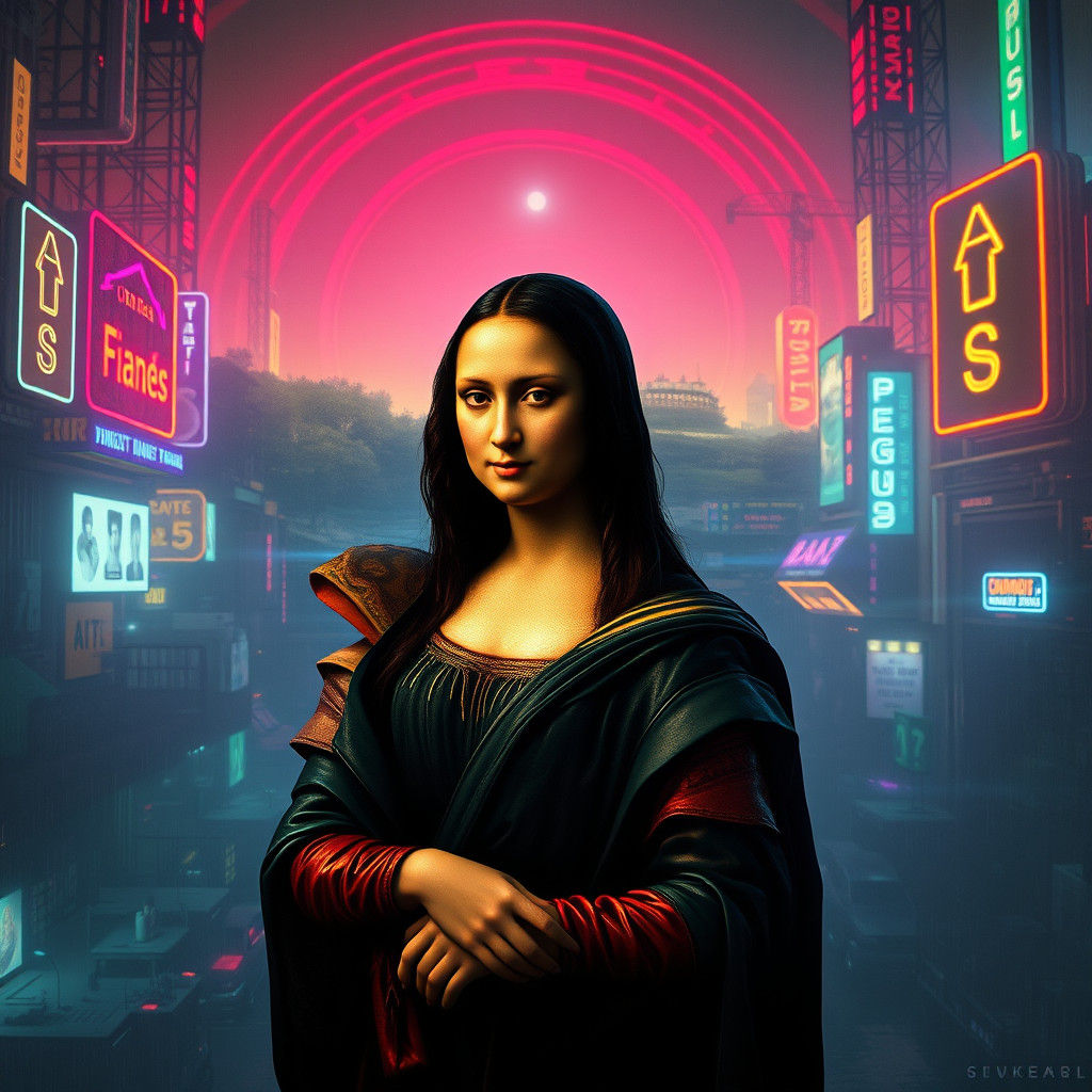 Mona Lisa in Cyberpunk Grand Theft Auto Style