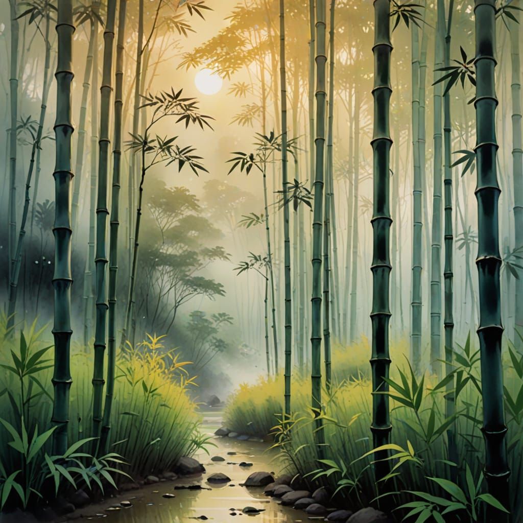 Elegant Calligraphy in a Misty Bamboo Forest at Sunrise