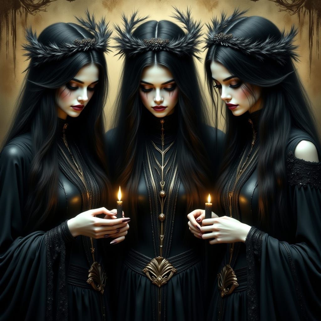 Ethereal Sisters Weave Fate in Dark Hyperrealistic Portraits