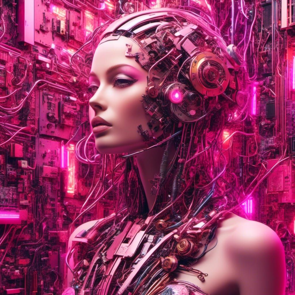 Cyberpunk Cyborg Collage Art in Synthwave Style