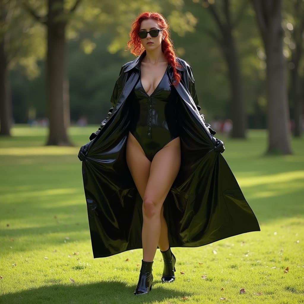 Lady in Shiny Black Latex Raincoat: Digital Matte Painting