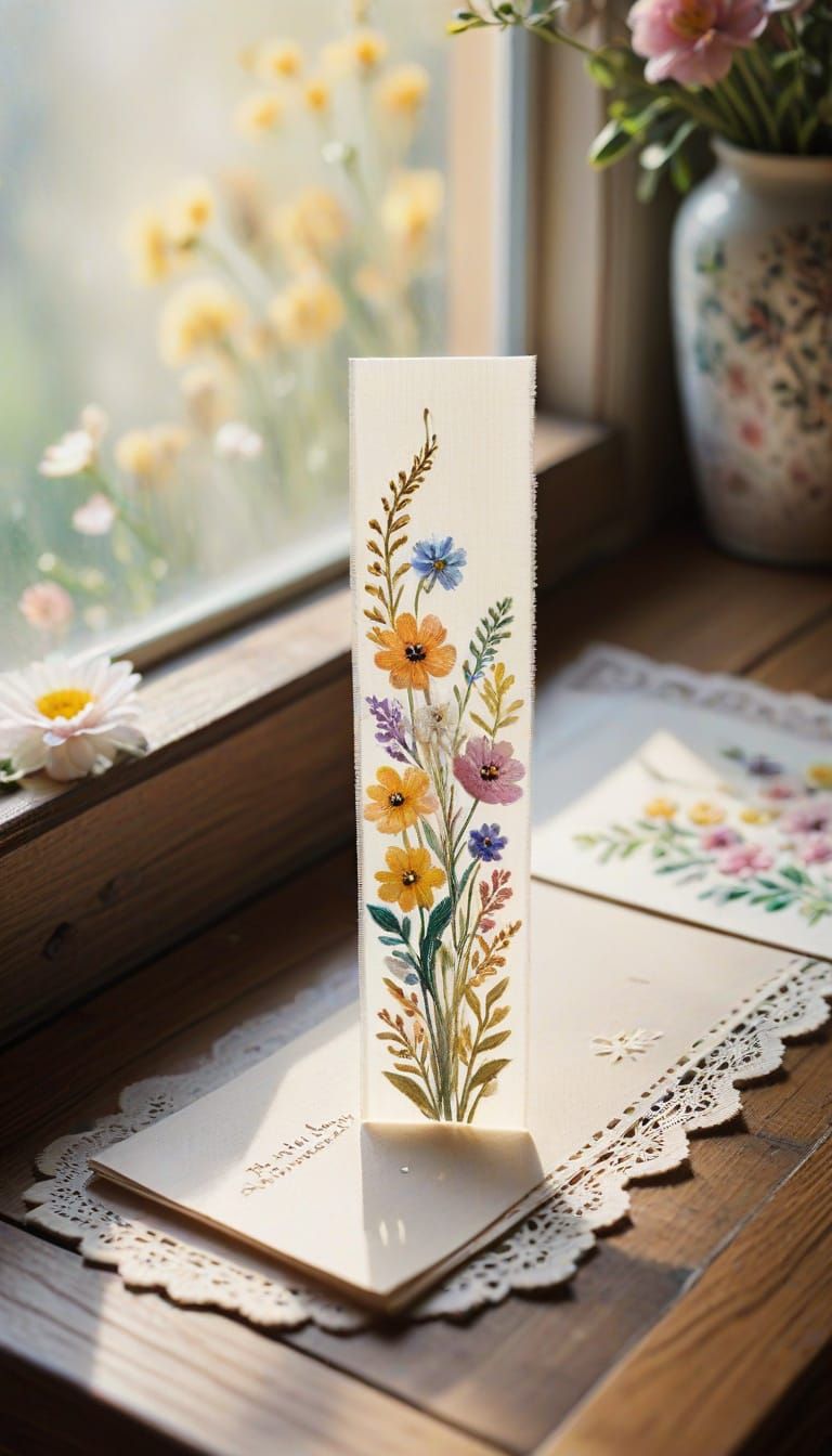 Delicate Watercolor Bookmark with Whimsical Naive Flowers