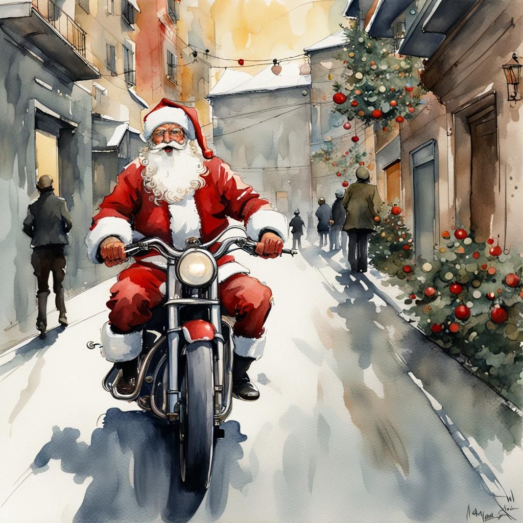 Santa Claus Motorcycle Ride: Christmas Watercolor Painting