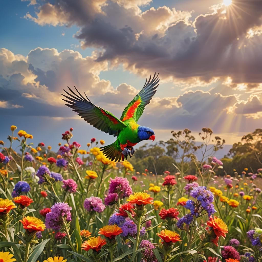 Lorikeet Flying in Multicolored Sky with Flowers