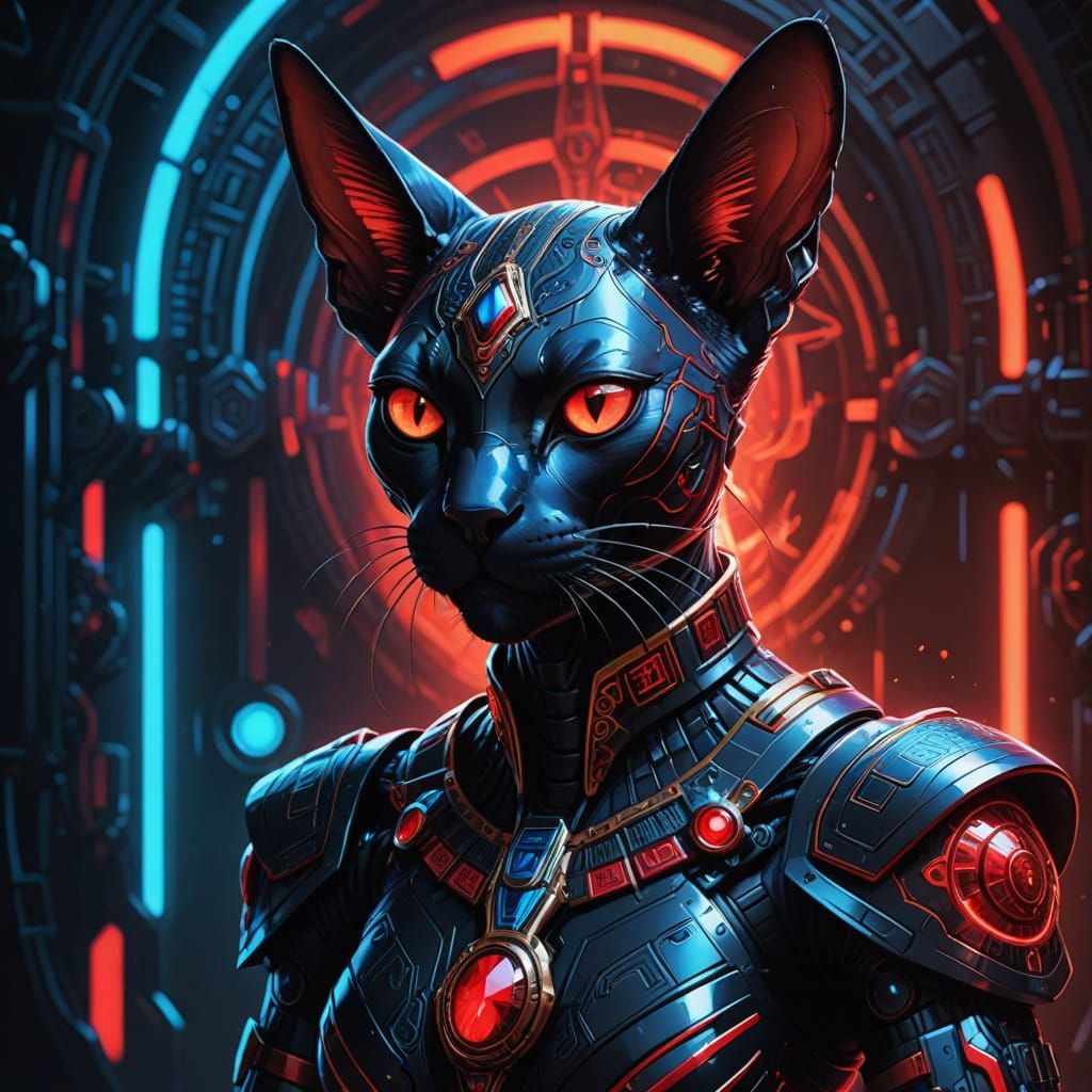 Cyberpunk Sphynx Black Cat Mecha in Futuristic Armor